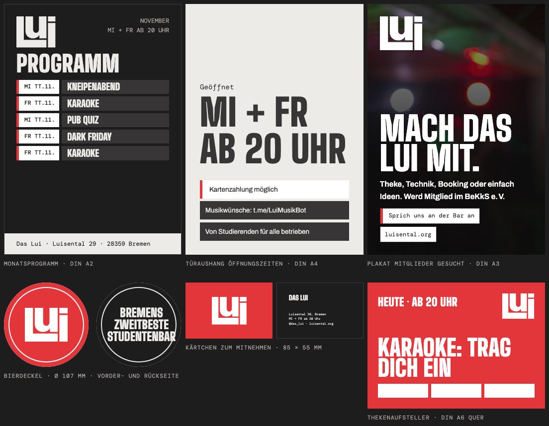 Monatsprogramm, Türaushang, Mitmach-Plakat, Bierdeckel, Kärtchen und Thekenaufsteller