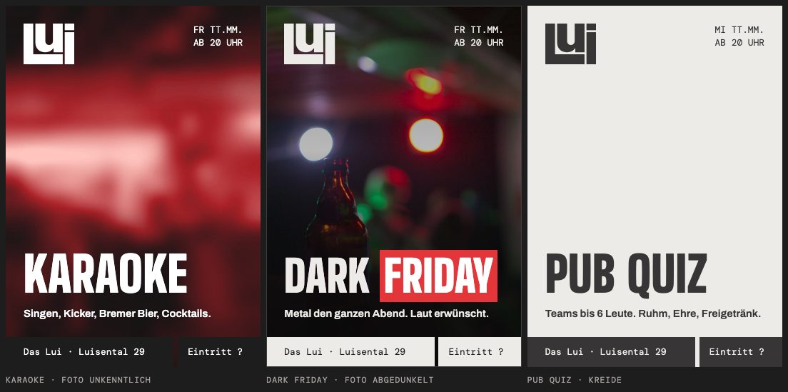 Drei A6-Flyer: Karaoke mit rot getöntem Foto, Dark Friday mit dunklem Foto, Pub Quiz auf Kreide