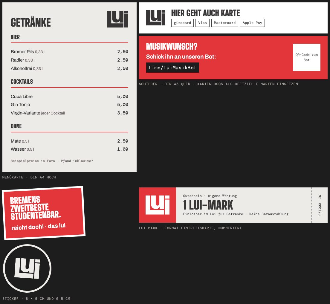 Getränkekarte, Schilder Kartenzahlung und Musikwunsch, Sticker und Lui-Mark