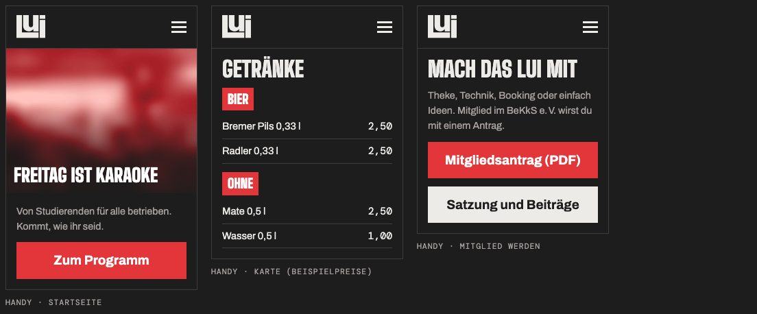 Drei Handy-Ansichten der Website