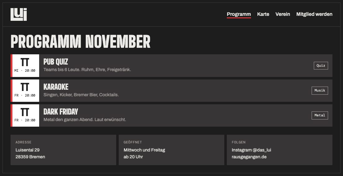 Website-Programmseite mit Terminzeilen