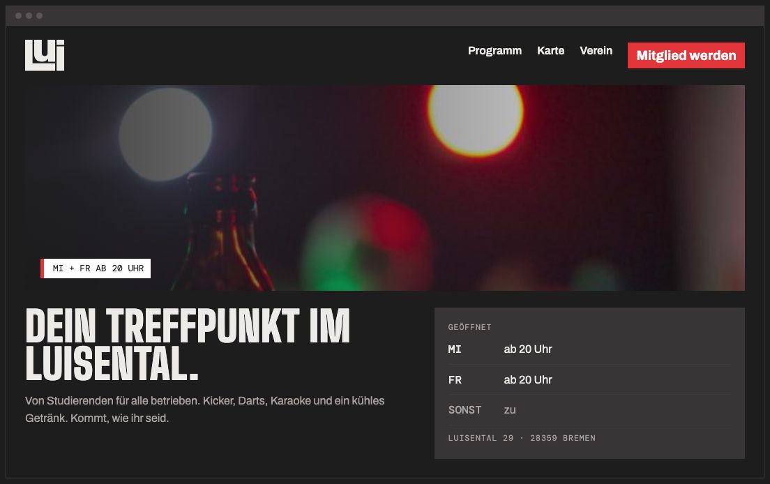 Website-Startseite mit Fotostreifen, Überschrift und Öffnungszeiten